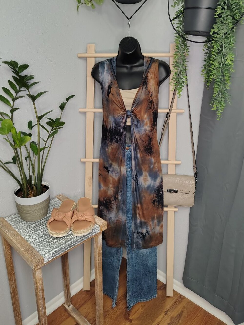 Coin 1804 Draped Blue/Brown Tie Dye Cardigan Vest w/ Hood and Pockets